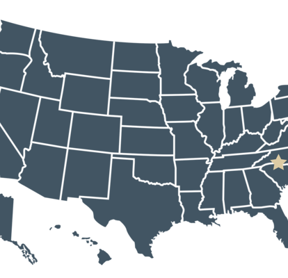 A blue state map of the United States of America with a yellow star marking the Charlotte, NC Mastertent office.