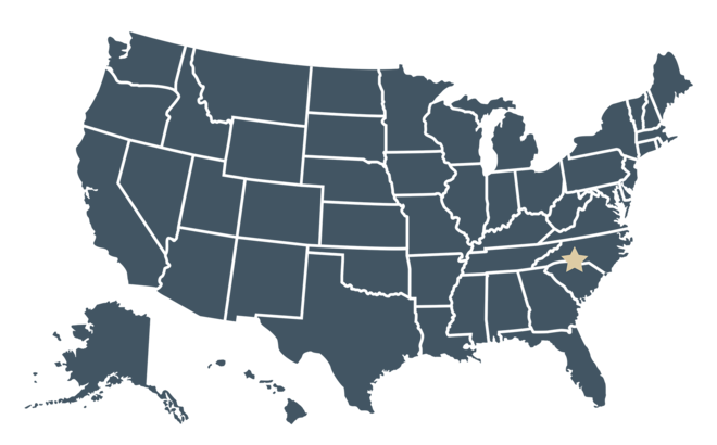 A blue state map of the United States of America with a yellow star marking the Charlotte, NC Mastertent office.