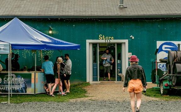 A mobile Pavilion in the Hexagonal shape stands to the left of the Catawba Riverkeeper's front entrance. 