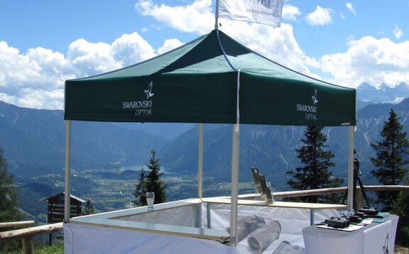 A green 5x5 canopy tent with custom printing, sidewalls, counters and a peak flag serves as an outdoor marketing stand. 