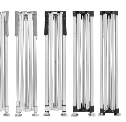 Five Zingerle Group Mastertent and Ecotent professional-grade tent frames in line next to an average recreational canopy tent.