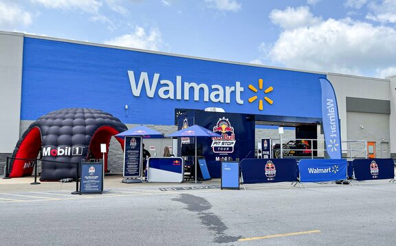 A Mastertent MS5 inflatable set up outside of a Walmart for a Red Bull brand activation. 