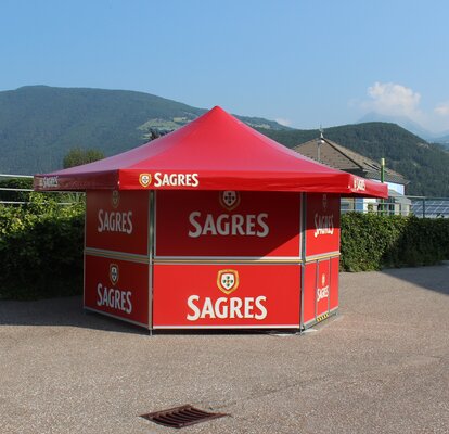 Sagres branded hexagonal Mastertent pavilion with printed closures 