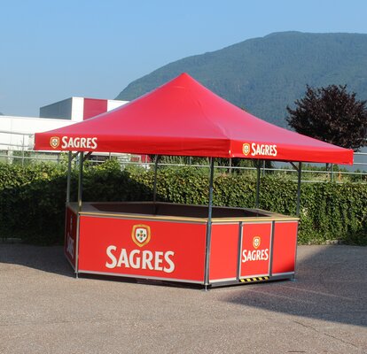 Sagres branded Hex Pavilion with wooden countertops