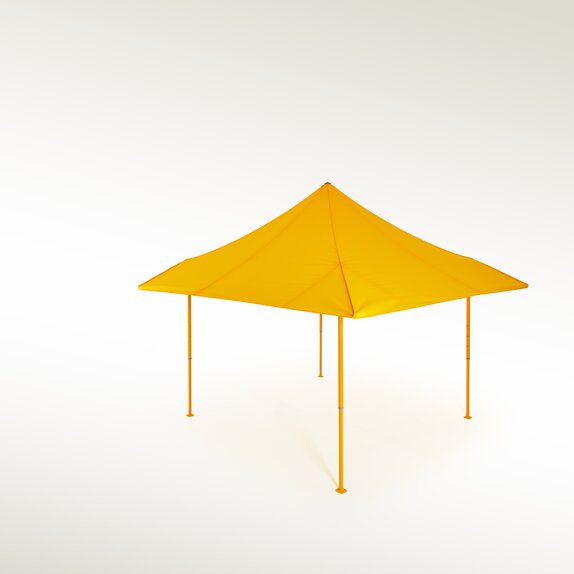 yellow canopy tent with awnings on a white studio background