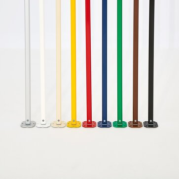 9 metal tent leg frames in a row in various colors on a white background. from left to right, colors are silver, white, tan, yellow, red, navy blue, brown, and black.