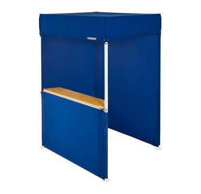 A blue 5x5ft Mastertent with three blue fabric sidewalls. Two sidewalls are closed and one is a half-height with a wooden counter. 