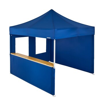 A blue 10x10ft Mastertent with three blue fabric sidewalls. One sidewall is closed, one is a window, and one is a half-height with a wooden counter. 1
