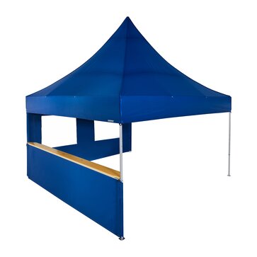 A blue 17x17ft Mastertent with two blue fabric sidewalls. One sidewall is window and one is a half-height with a wooden counter. 
