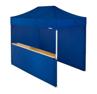 A blue 10x6.5ft Mastertent with three blue fabric sidewalls. Two sidewalls are closed and one is a half-height with a wooden counter. 