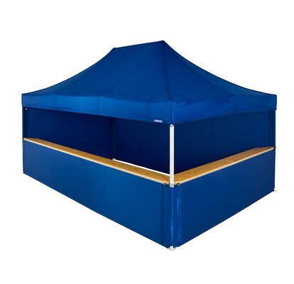 A blue 20x13ft Mastertent with four blue fabric sidewalls. Two sidewall are closed and two are half-heights with wooden counters. 