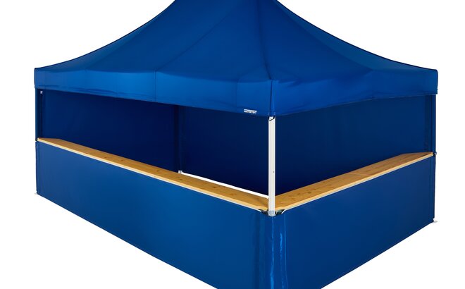 A blue 20x13ft Mastertent with four blue fabric sidewalls. Two sidewall are closed and two are half-heights with wooden counters. 