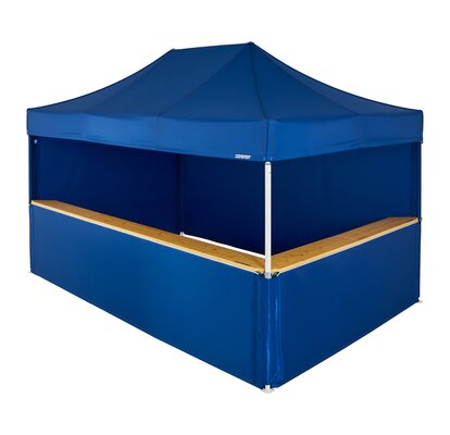 A blue 15x10ft Mastertent with four blue fabric sidewalls. Two sidewalls are closed and two are half-heights with wooden counters.