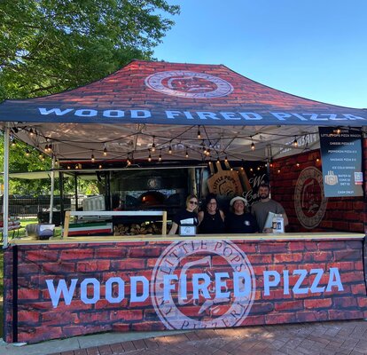 Little Pop's Pizza Full Dye Sublimation Printed 15x10ft Awning tent with proud owners