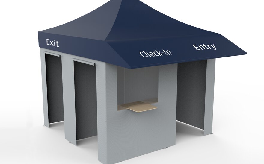 Grey vaccination tent with blue roof, three doors and one window on a white background. On the roof is written Check-In, Entry and Exit in white