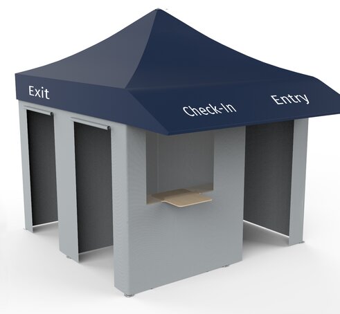 Gazebo vaccinazioni grigio con tetto blu, tre porte e una finestra su sfondo bianco. Sul tetto ci sono scritte le parole Check-In, Entry e Exit in bianco