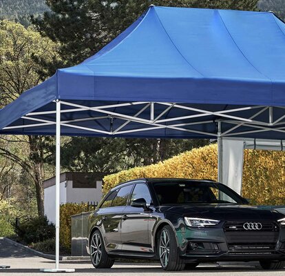 blue 6x4m Mastertent car port tent with storage room and black car