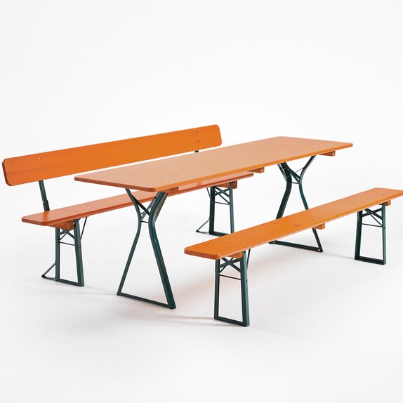 The classic beer tent set consists of a table with legroom, a bench with backrest and a classic bench.