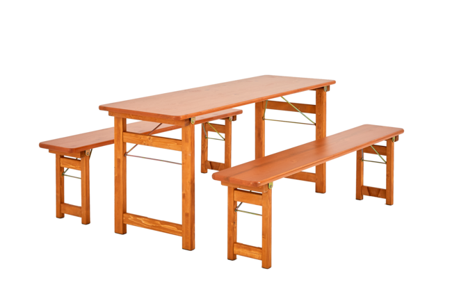 Rustic beer table set in solid wood consisting of a table and 2 benches without backrest.