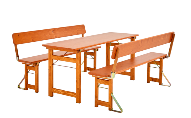 Wooden beer tent furniture, with wooden legs and two benches with backrest.