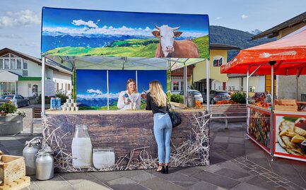 Der Faltpavillon ist für einen Milchhof bedruckt worden. Auf dem Marktzelt ist eine Kuh zu sehen und die Weide. Die Verkäuferin erklärt der Kundin die Milch.