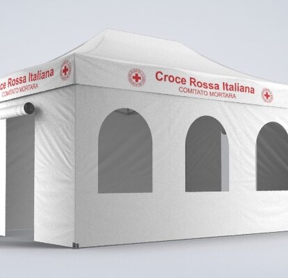 The white rescue tent is printed with the inscription "Croce Rossa". It has a roll-up door and several arched tent windows. 