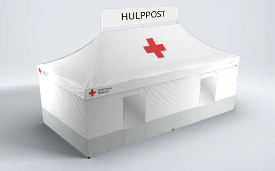 The 8x4 m medical tent from Mastertent has highly visible reinforced side walls. The model Kit Rescue is white and printed. It has a printed banner on the tent roof.