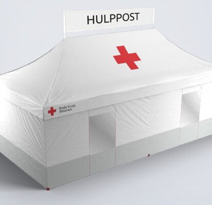 The 8x4 m medical tent from Mastertent has highly visible reinforced side walls. The model Kit Rescue is white and printed. It has a printed banner on the tent roof.