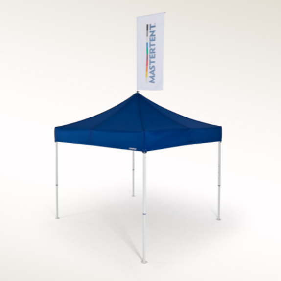 Faltpavillon 3x3 m blau mit bedruckter Flagge mit Mastertent-Logo