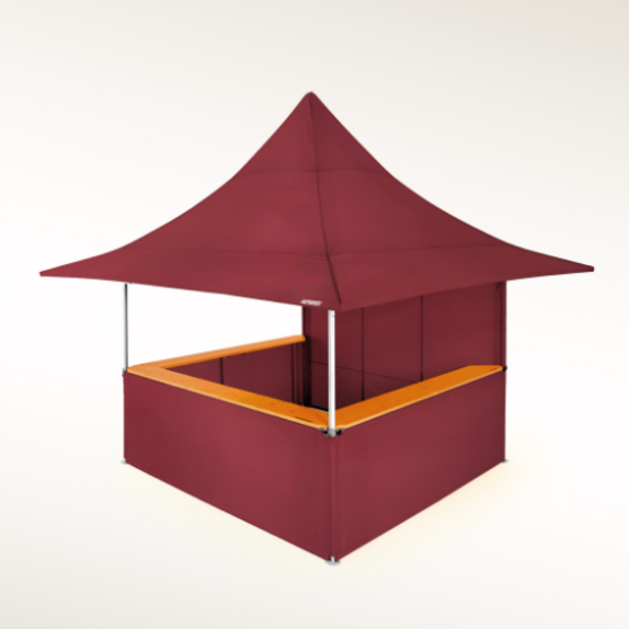 Faltpavillon 3x3 m bordeaux mit Vordach, mit Seitenwänden auf halber Höhe mit Theke und mit einer Seitenwand mit Rolltür.