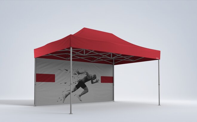 3D-Rendering eines 4,5 x 3 m großen roten Faltzelt mit einer individuell bedruckten Seitenwand