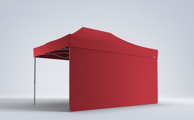 3D-Rendering eines 4,5 x 3 m  roten Faltzelt mit einer roten Seitenwand