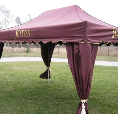 Gazebo pieghevole 4,5x3m per funerali con rifiniture frontalino e cordoncino tende copripalo in oro.