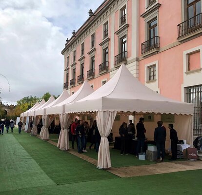 Hay diez carpas plegables blancas delante de un edificio. Hay mucha gente debajo y al lado de las carpas, se está realizando una cata de vinos.