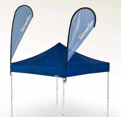 Blue s and xl Beachflags on the top of a Mastertent gazebo