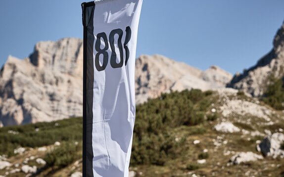 A white and black peak flag on a canopy tent printed with the number 803.