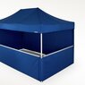 Blue gazebo with 2 side walls at half height. There are two closed sidewalls at the back.