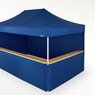 Blue gazebo with 4 blue sidewalls. There are two closed side walls at the back and two sidewalls with counters at the front. 